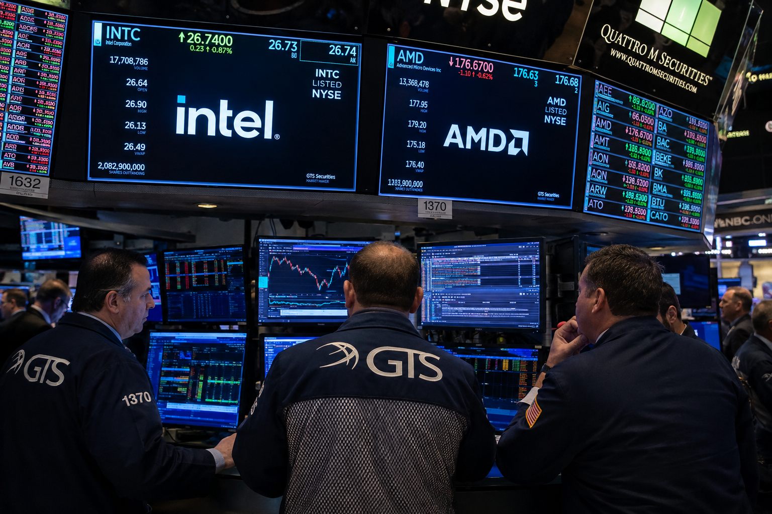 Investors looking at Intel, AMD stocks in trading room