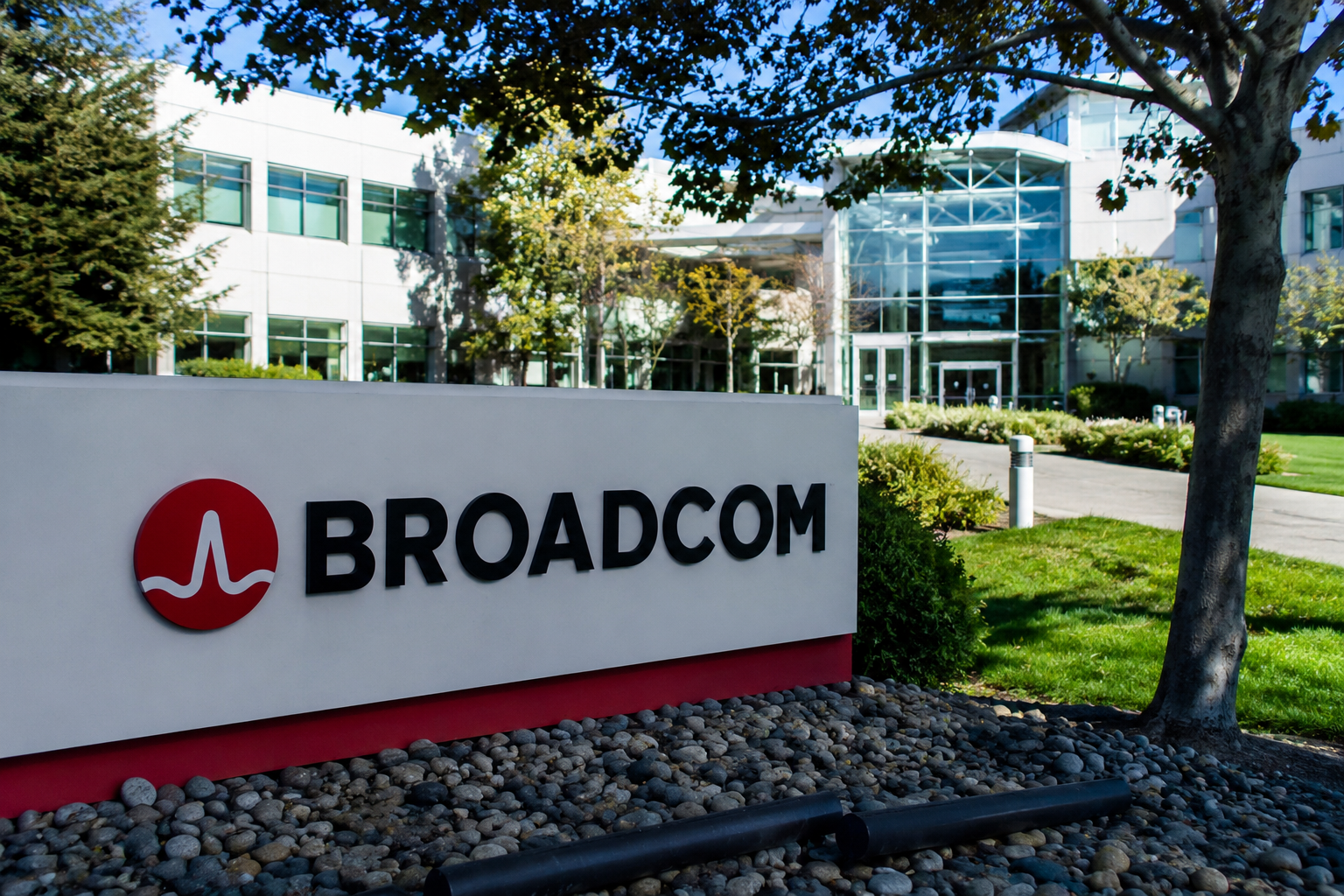 Broadcom-Logo vor dem Bürogebäude