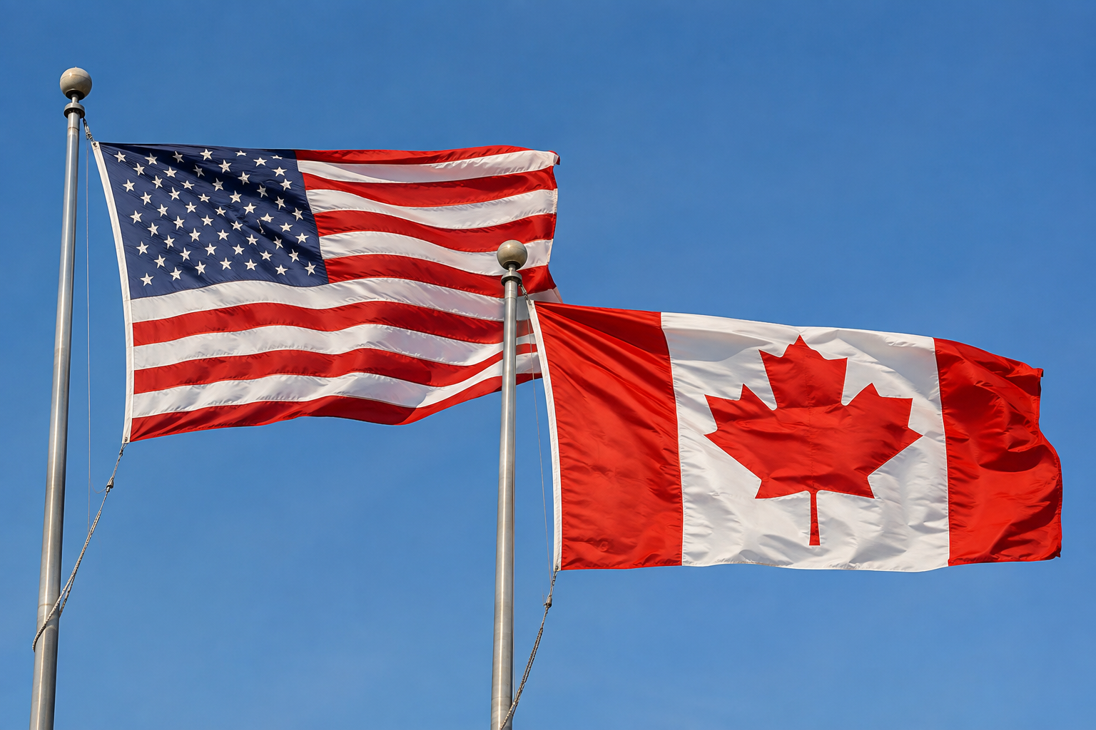 United States and Canadian flags flying side by side against a clear blue sky