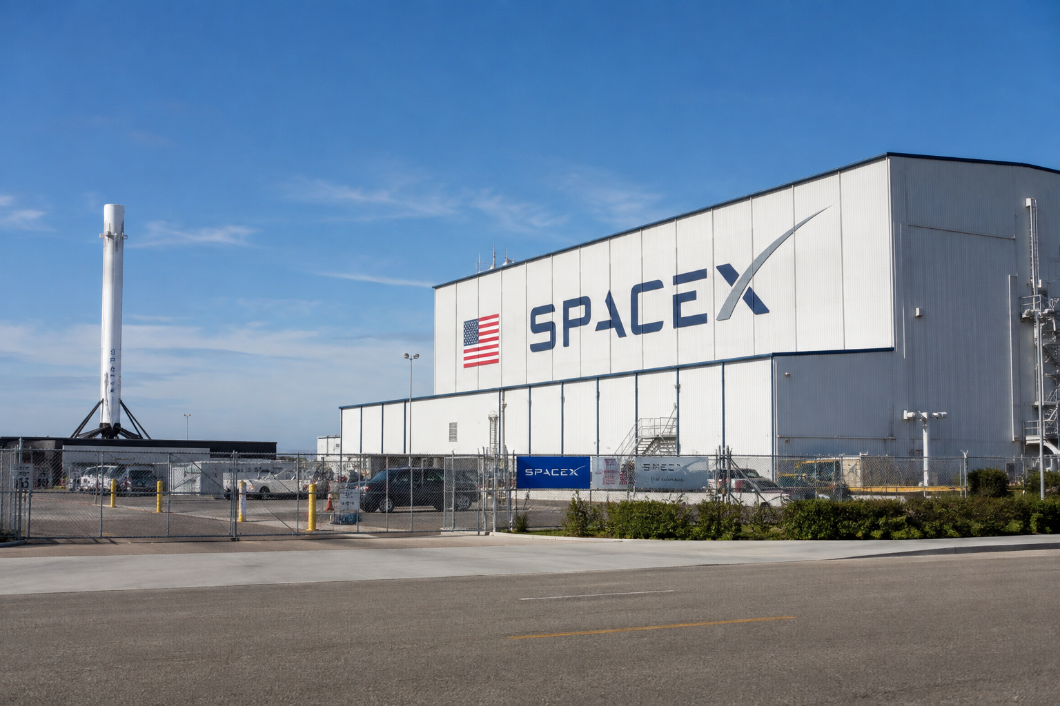 SpaceX-Anlage mit Firmenschildern und einem in der Nähe stehenden Falcon-9-Booster.