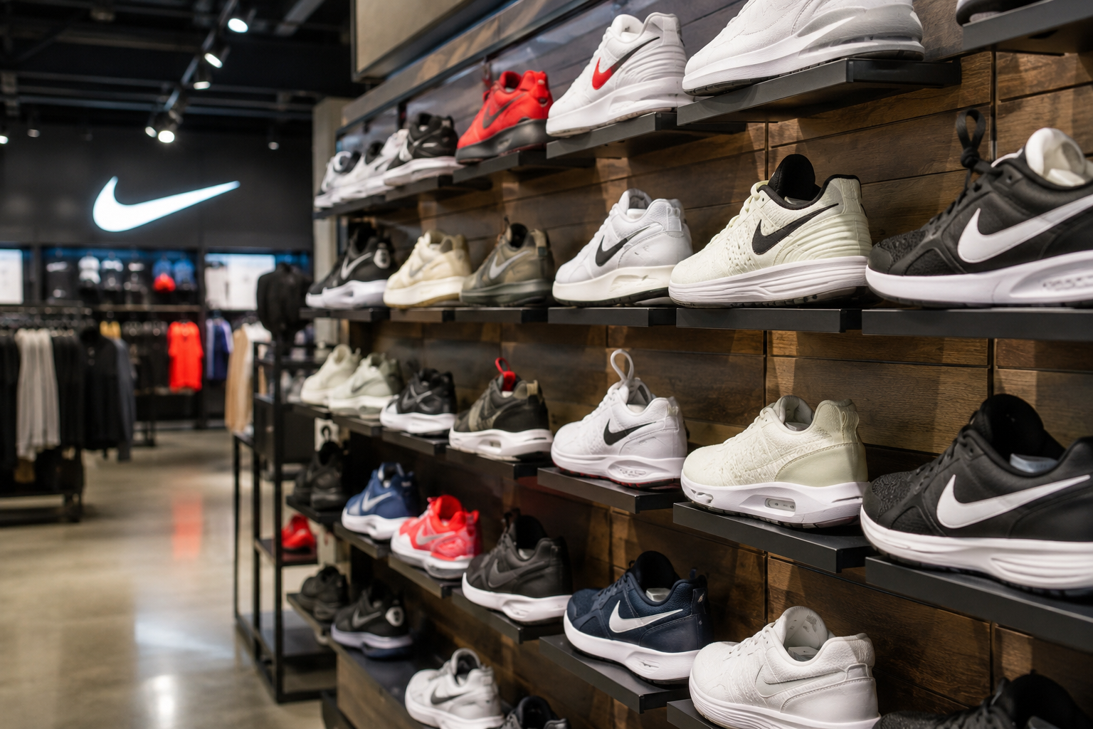 Nike-Sneaker auf Holzregalen in einem Markenstore ausgestellt.