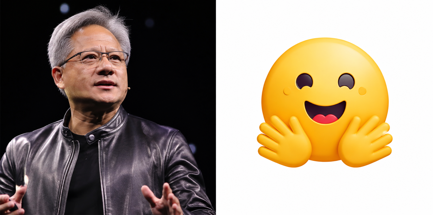 Nvidia-CEO Jensen Huang in schwarzer Lederjacke neben einem umarmenden Emoji