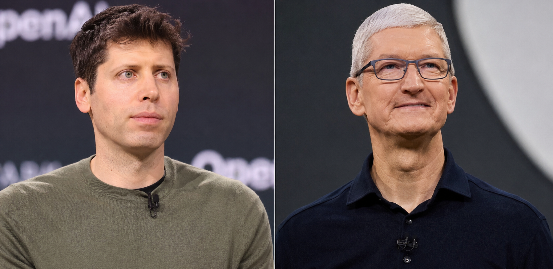 Sam Altman und Tim Cook erscheinen nebeneinander auf getrennten Veranstaltungen der Technologiebranche.