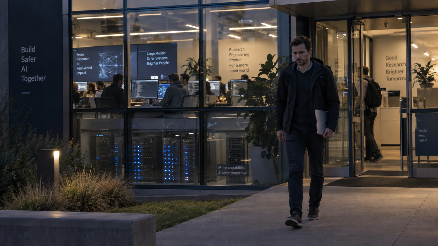 A lone researcher walks away from a glass-fronted AI office at dusk, carrying a laptop as colleagues continue working inside beside glowing server racks and code-filled screens.