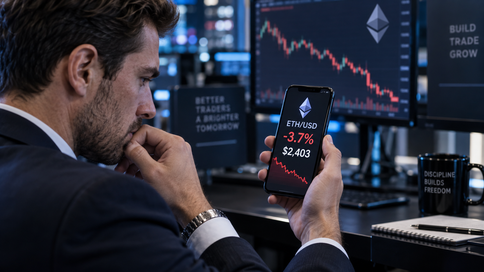 Trader checks Ethereum at $2,403 on a smartphone as ETH falls 3.7%, with a declining crypto chart visible on monitors behind him.