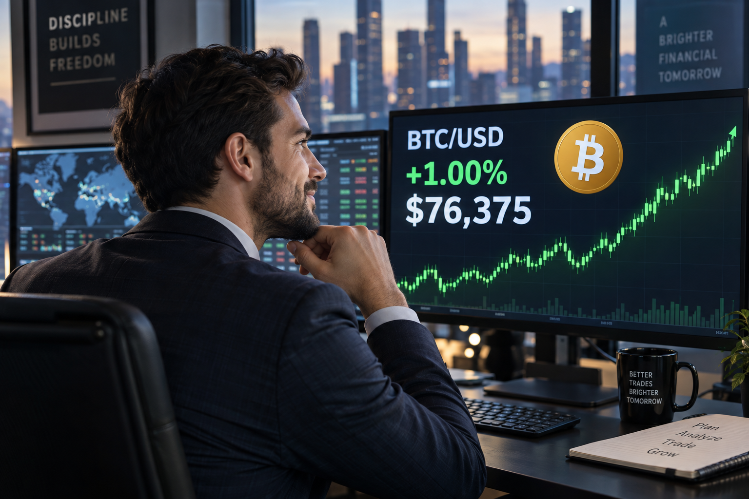 Händler beobachtet ein BTC/USD-Chart, das Bitcoin bei $76,375 zeigt, +1%, wobei der Kurs auf einem großen Marktbildschirm stetig ansteigt.