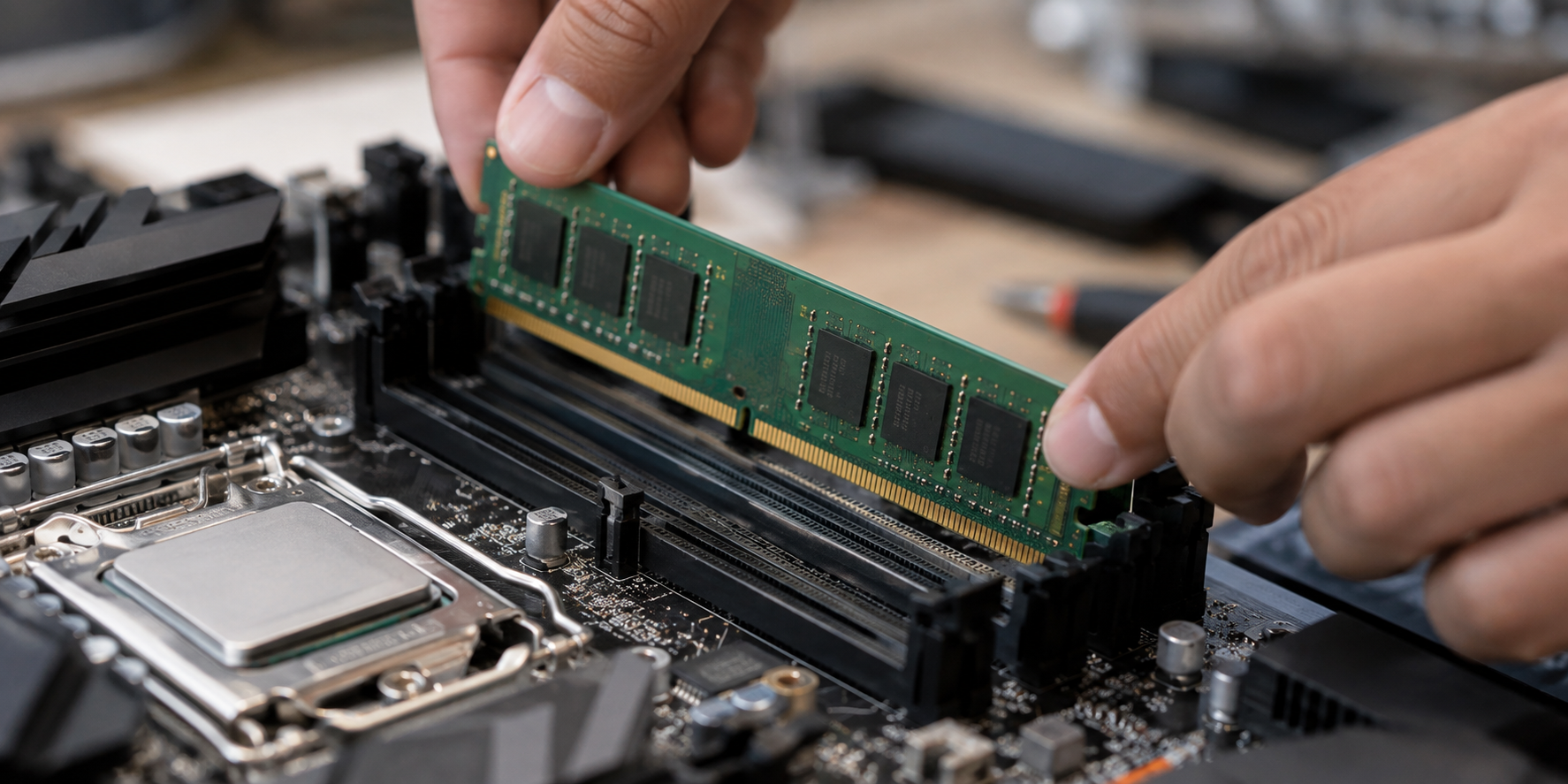 memory chip being put into a motherboard