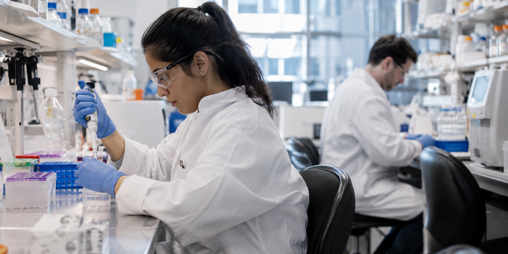 A female scientist in a white lab coat and blue gloves uses a pipette at a lab bench, with a male colleague working in the background of a well-equipped research facility.