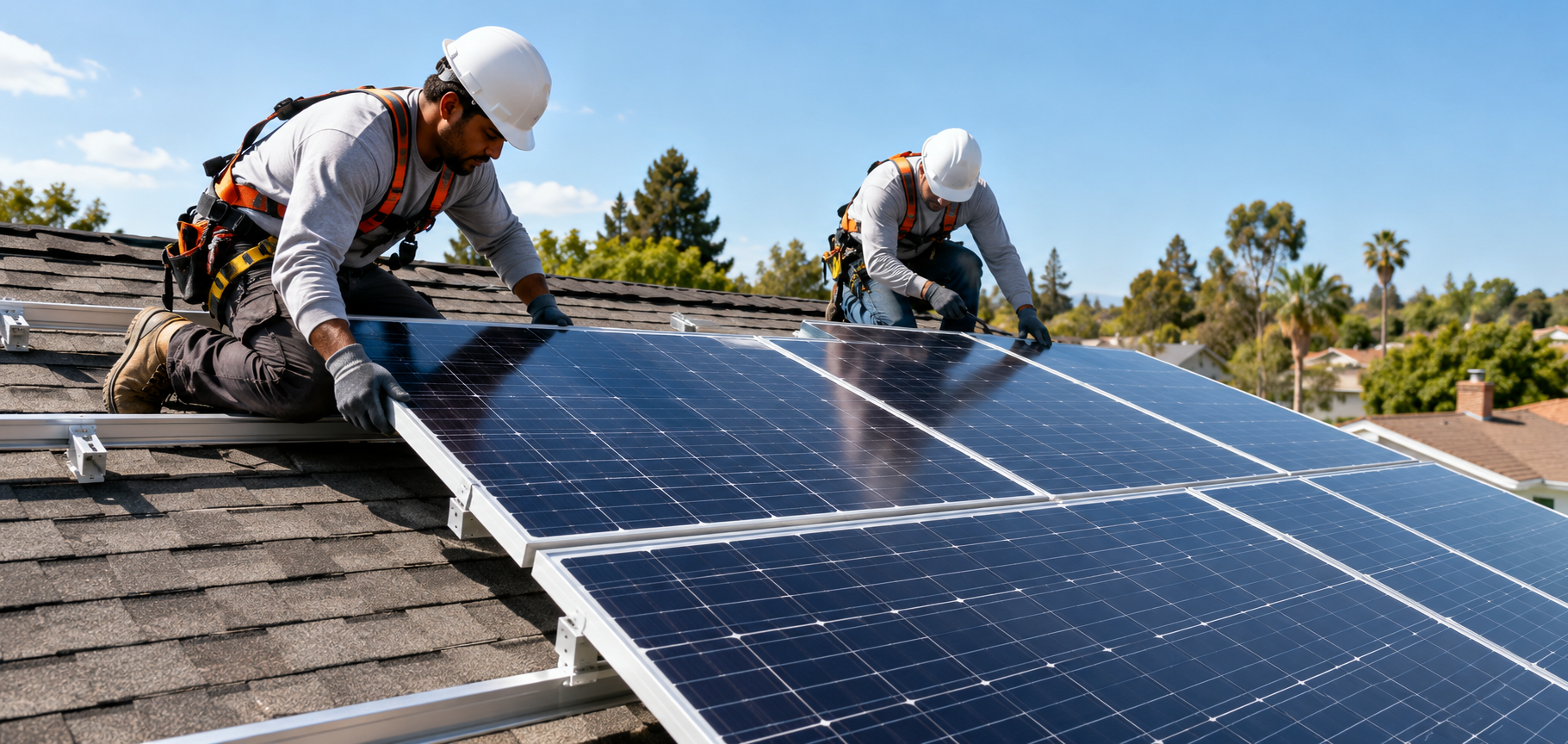 Arbeiter, die Solarmodule auf ein Dach montieren
