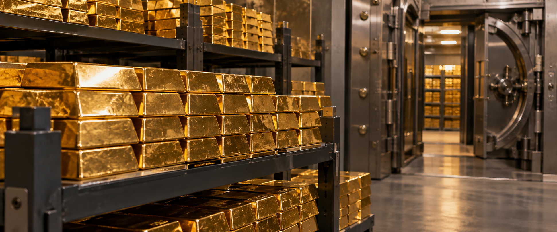 Gestapelte Goldbarren in einem Hochsicherheitstresor