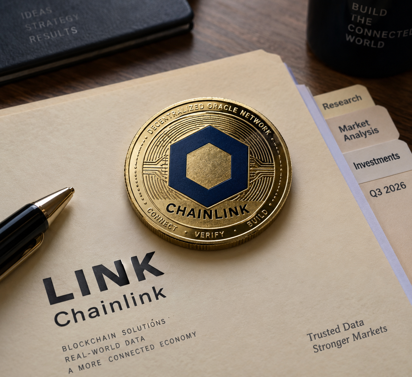 Chainlink-LINK-Token auf einem Marktforschungsbericht, der Blockchain-Daten und Anlageanalysen hervorhebt.