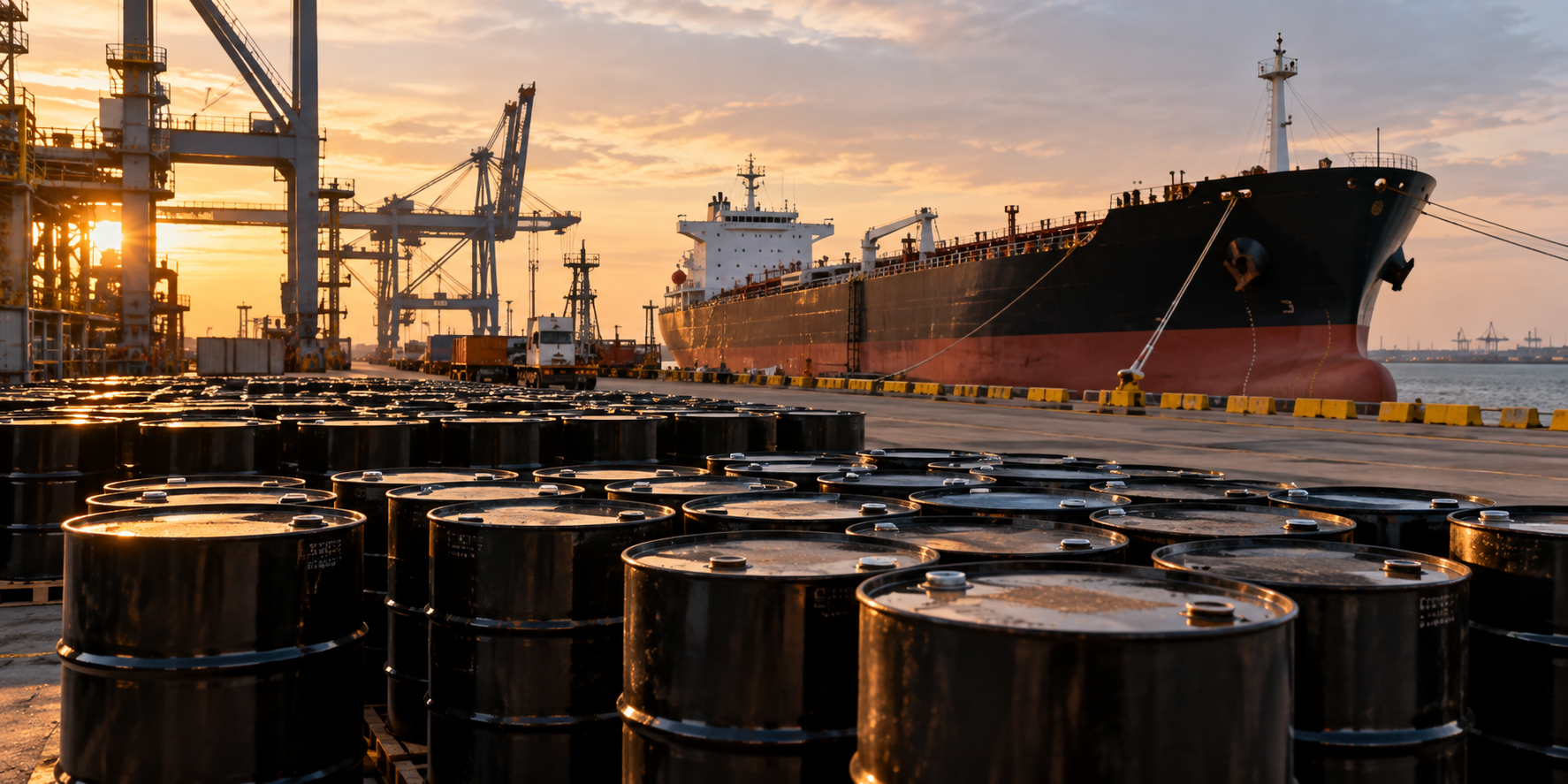 Crude oil barrels at a port