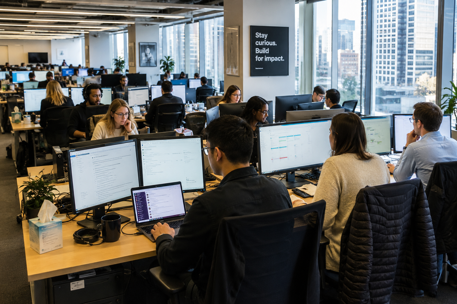 Personen, die in einem Büro vor Computern arbeiten