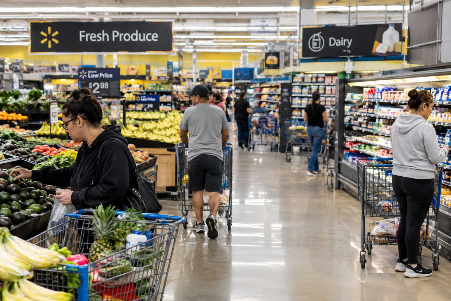 Kunden stöbern in den Frischwaren- und Molkereigängen eines Walmart-Supermarkts.