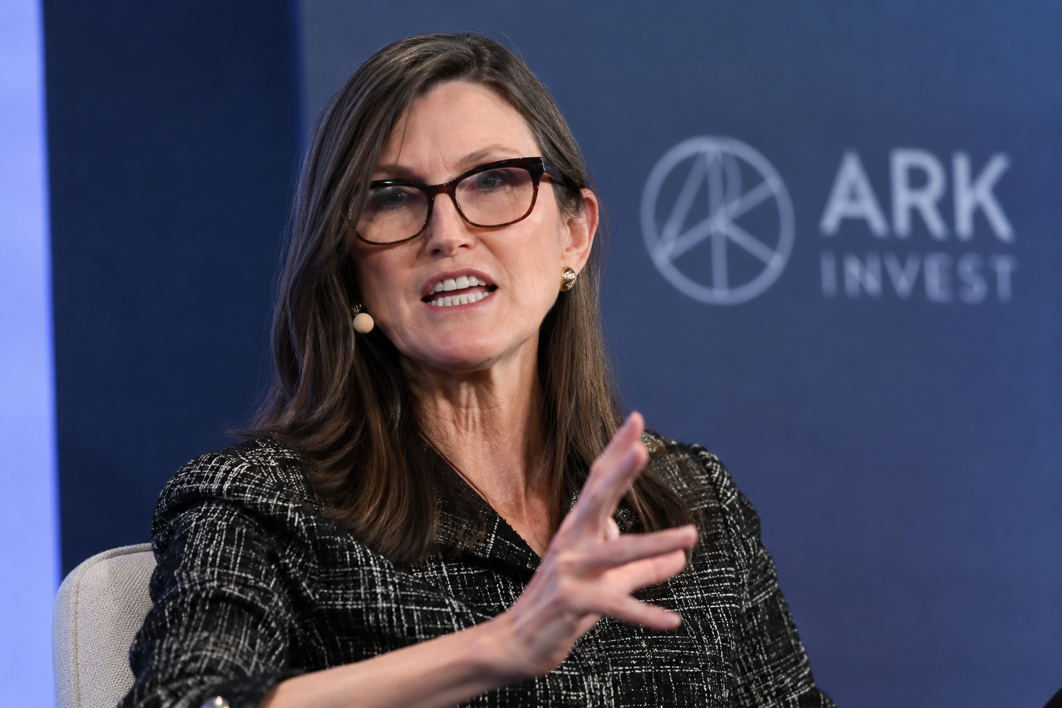 Cathie Wood spricht bei einer ARK Invest‑Veranstaltung und gestikuliert auf der Bühne, hinter ihr ist das Logo der Firma sichtbar.