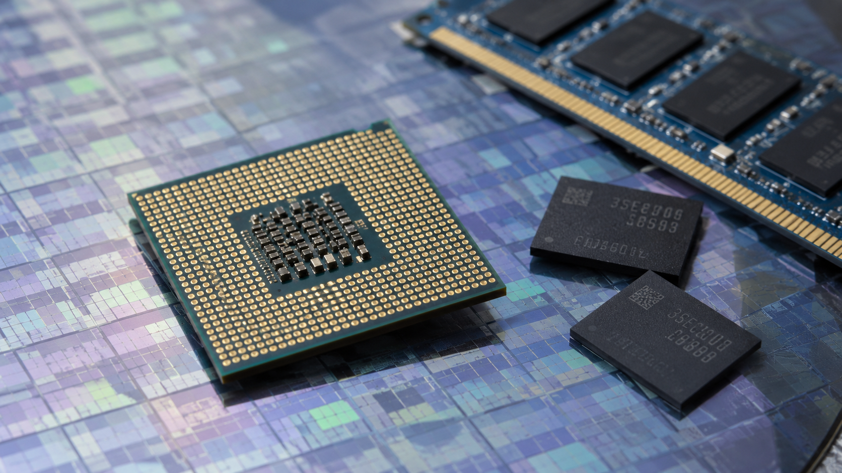 Ein Prozessor und Speicherchips liegen auf einem strukturierten Siliziumwafer neben einem blauen RAM-Modul und heben die Halbleiterfertigung sowie die Speichertechnologie hervor.
