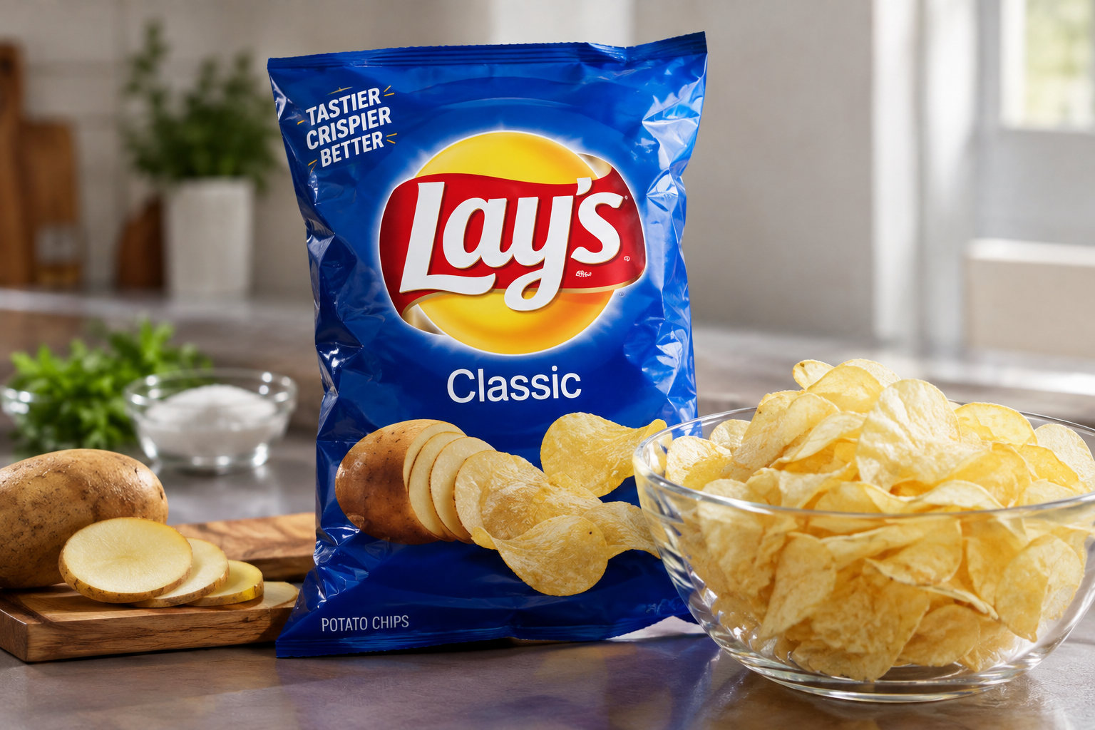 Lays-Packung und Chips in einer Schüssel