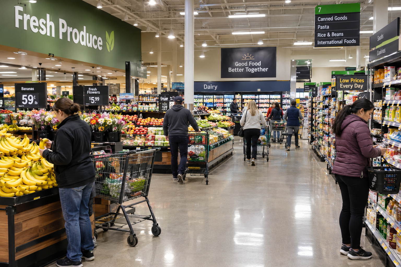 Kunden beim Stöbern in Obst-, Gemüse- und Lebensmittelgängen eines Supermarkts