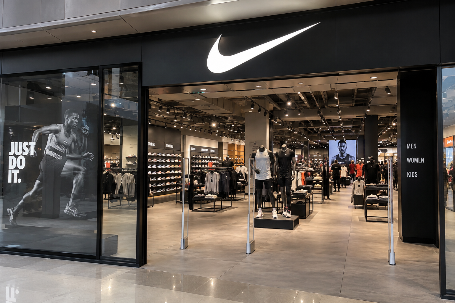 Eingang eines Nike-Geschäfts mit dem Swoosh-Logo des Unternehmens über Auslagen mit Sportbekleidung, Schuhen und anderer Sportmode.