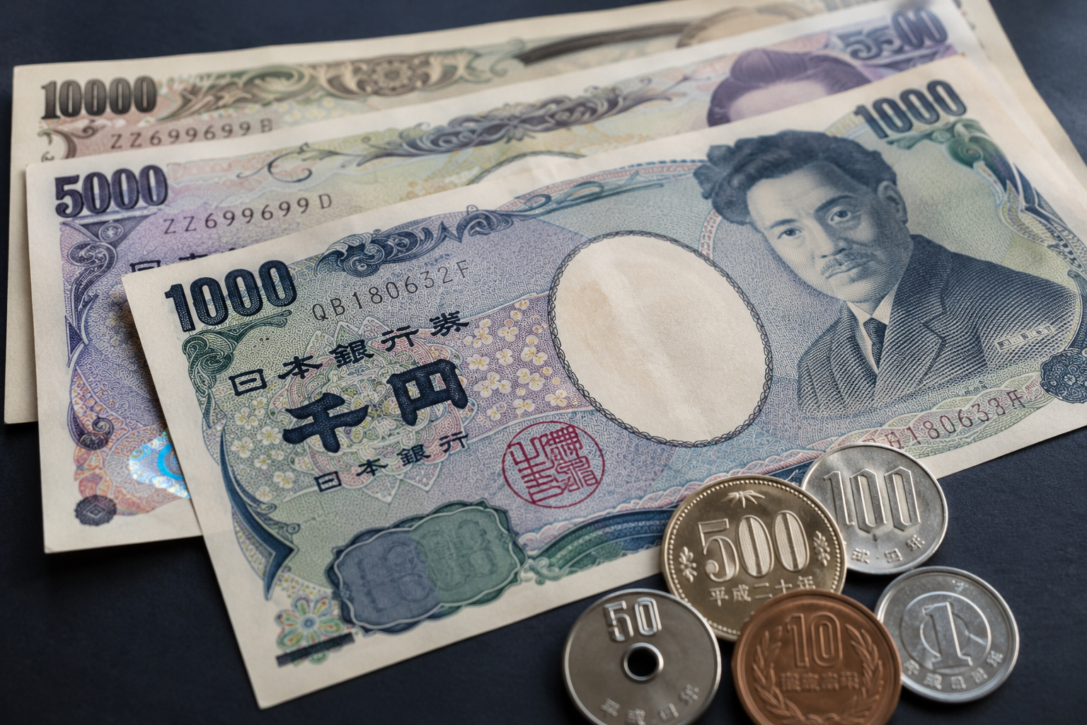 Japanische Yen-Banknoten und -Münzen, die den japanischen Devisenmarkt repräsentieren