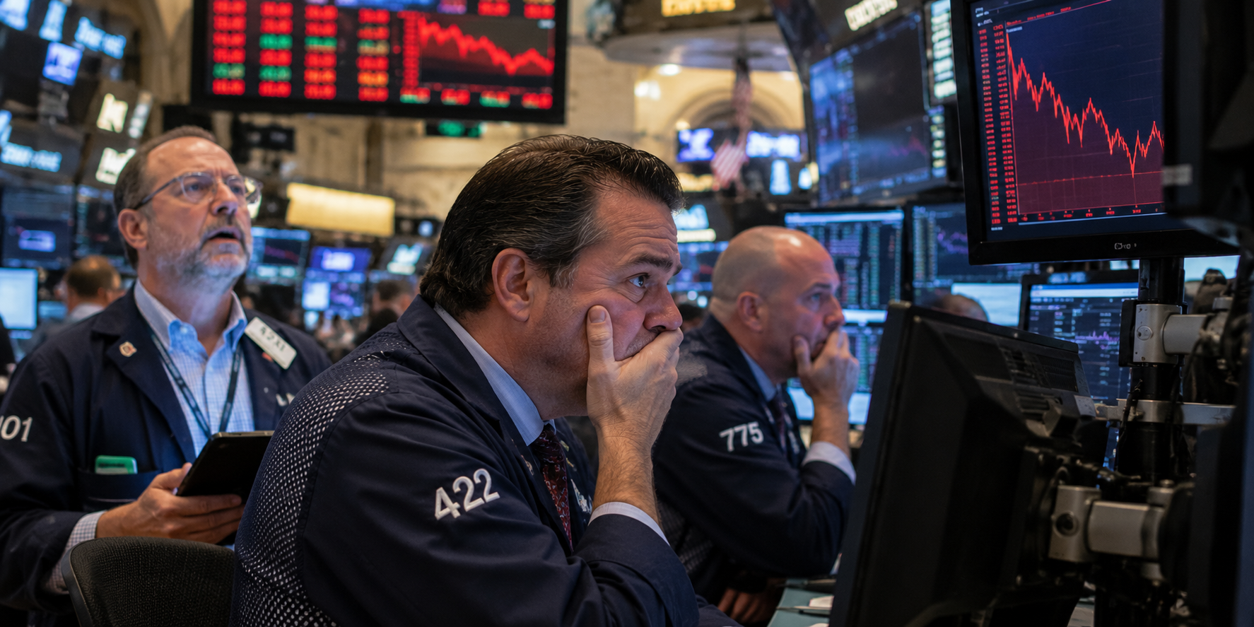 Investors with worried expressions looking at falling markets