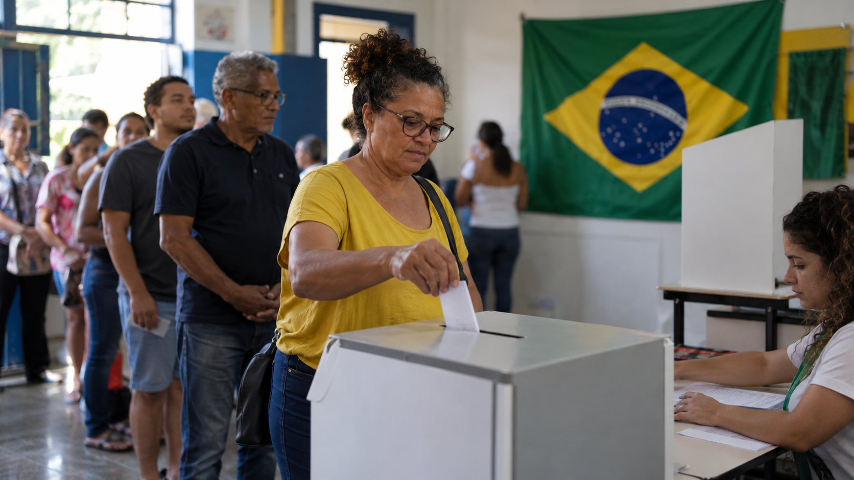 A voter places a ballot into a voting box at a polling station in Brazil
