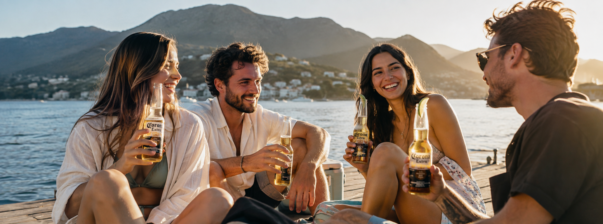 Vier Freunde sitzen gemeinsam auf einem hölzernen Steg am Meer bei Sonnenuntergang und halten durchsichtige Corona Extra-Flaschen