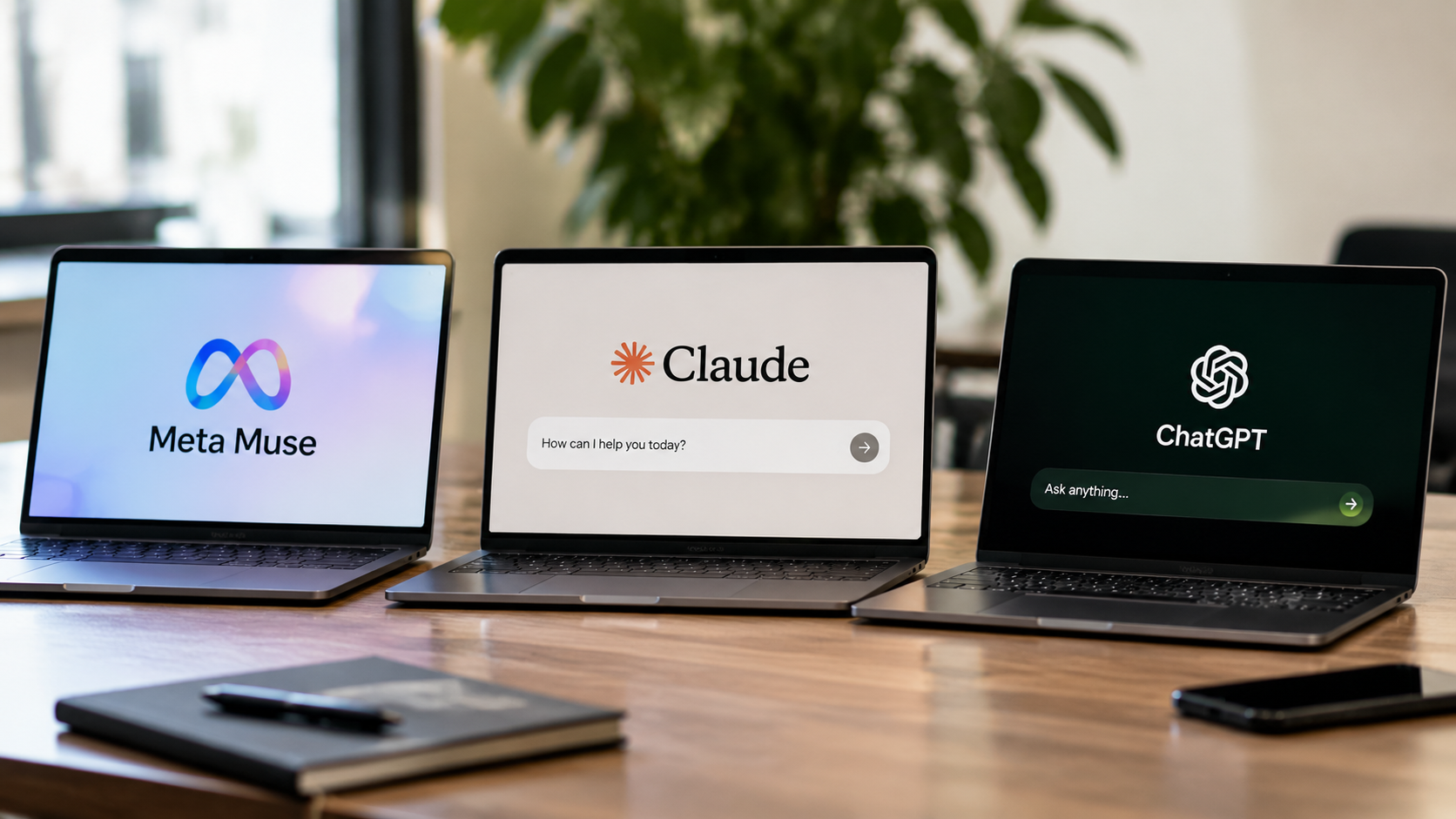 Meta Muse, Claude, Chatgpt opened on seperate laptops