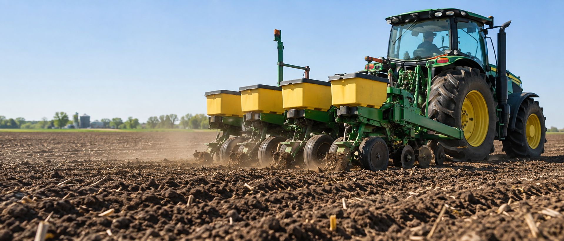Ein grüner und gelber John Deere-Traktor zieht eine mehrreihige Sämaschine über ein gepflügtes, mit Erde bedecktes Feld