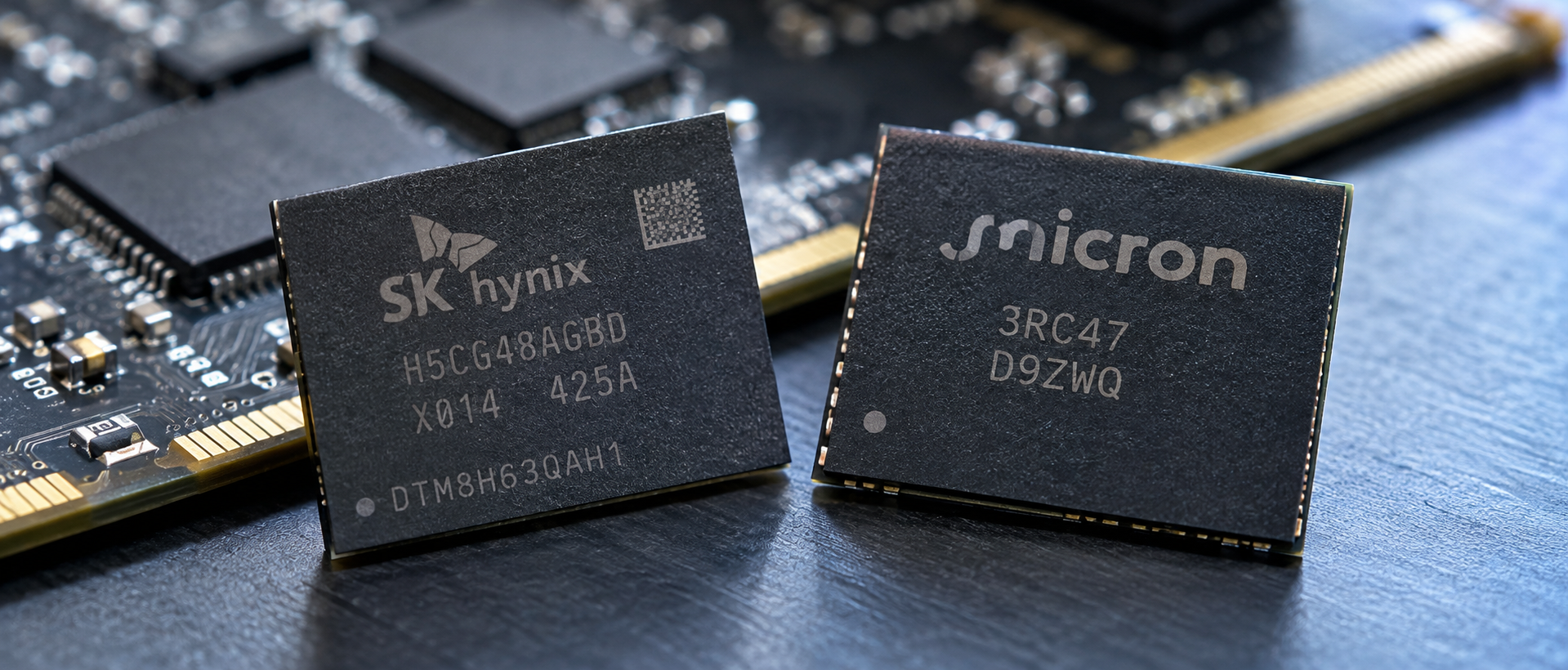 A close-up view of two semiconductor memory chips, one from SK Hynix and the other from Micron