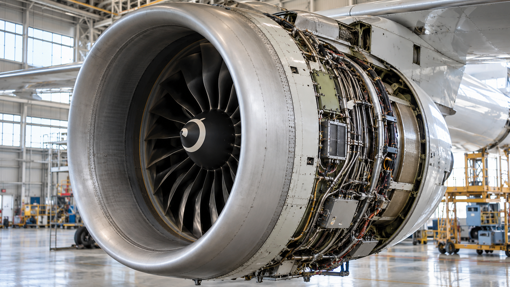 Close-up view of a large commercial aircraft turbofan jet engine with exposed internal wiring and piping, mounted inside a bright maintenance hangar